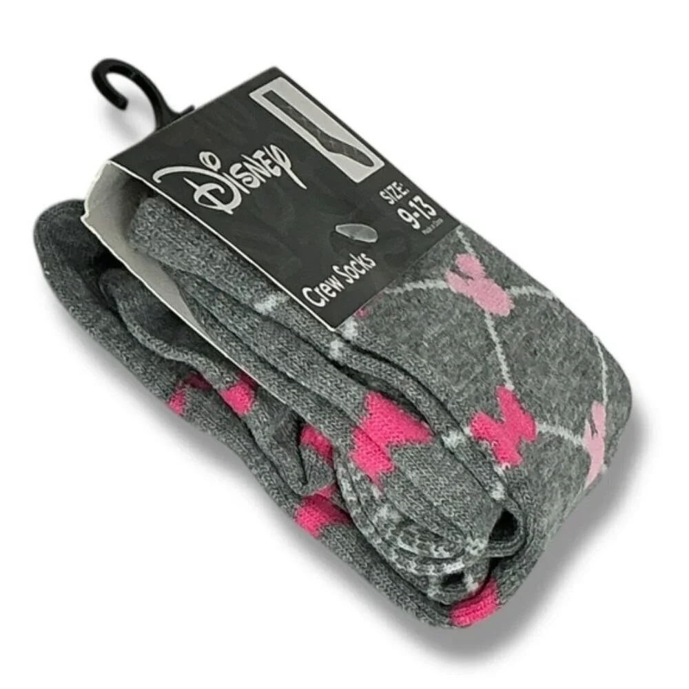 Disney Minnie Mouse Crew Socks Novelty Casual Pink Gray Adult 9-13 One Size